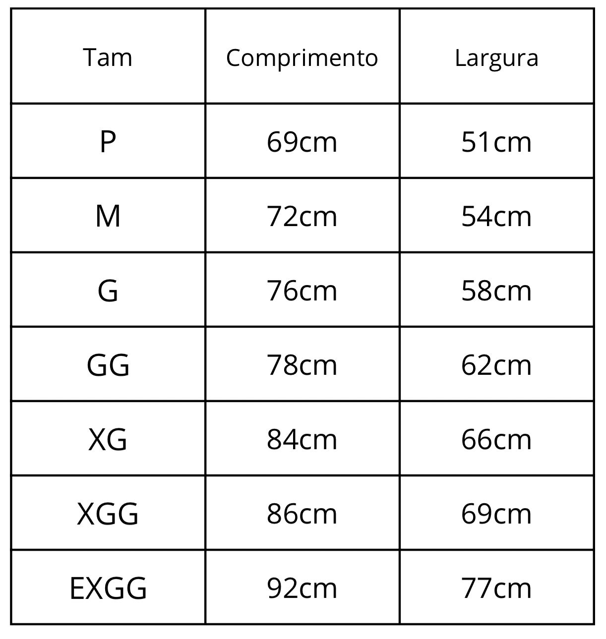 Tabela de medidas
